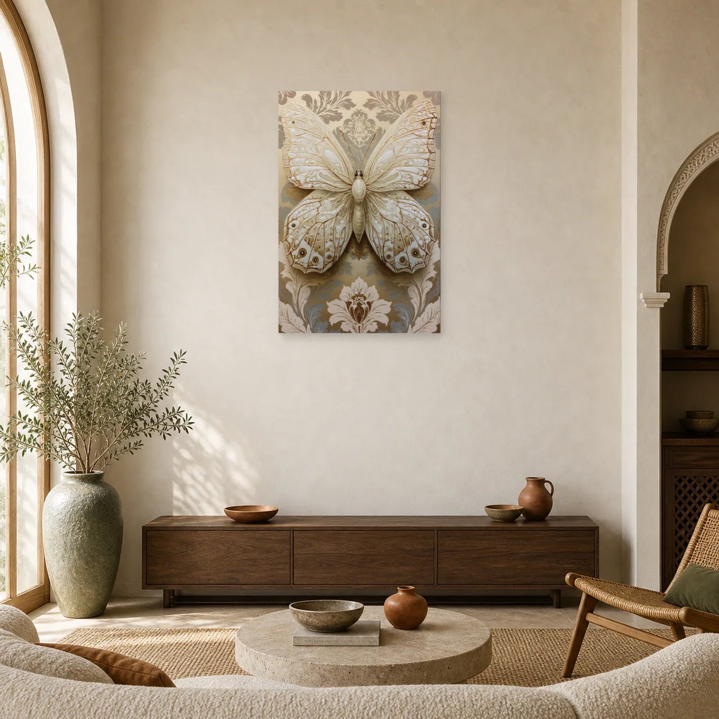 Tableau papillon ivoire et or avec effet relief décoratif dans un salon contemporain