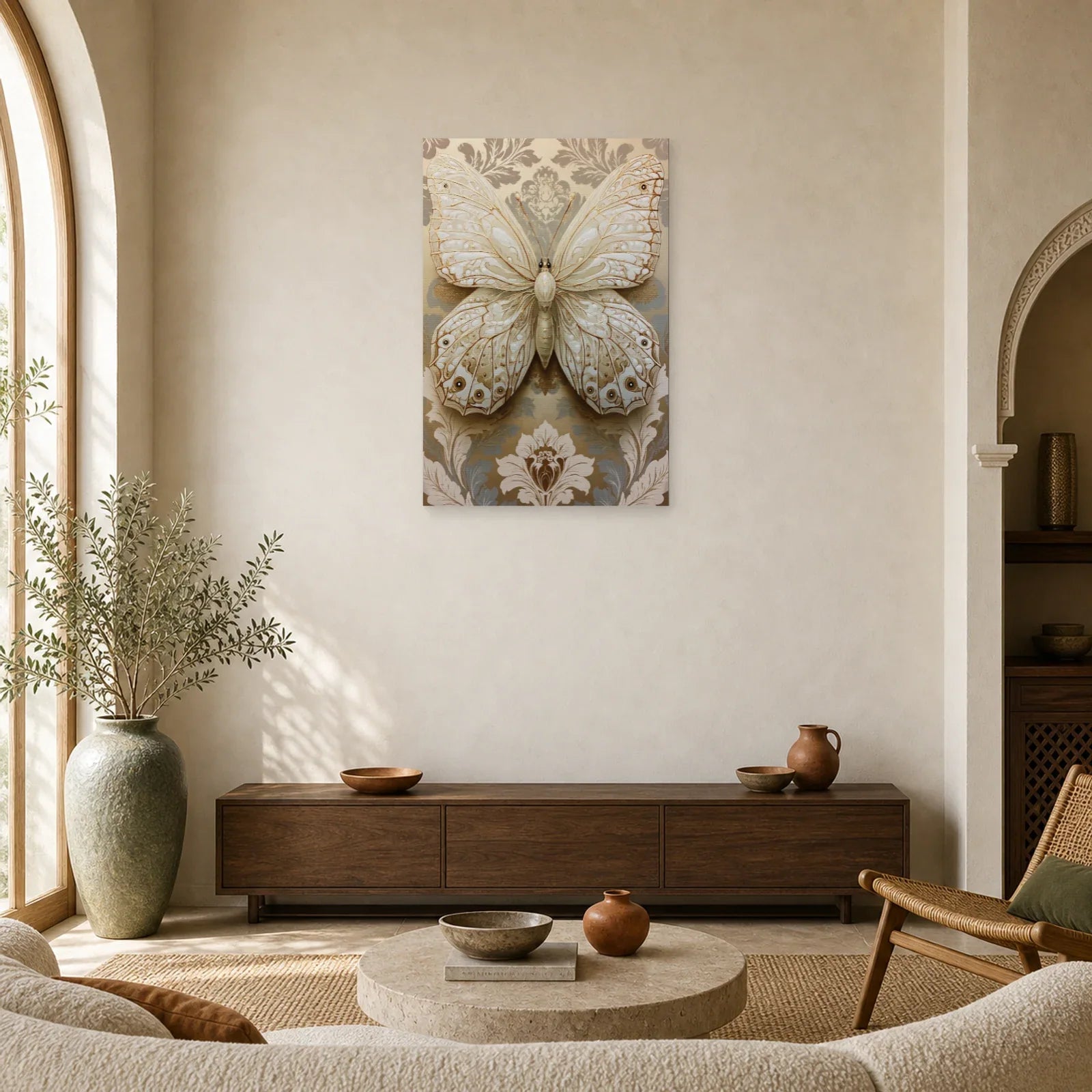Tableau papillon ivoire et or avec effet relief décoratif dans un salon contemporain