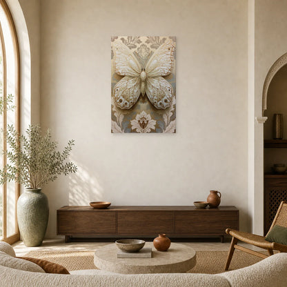 Tableau papillon ivoire et or avec effet relief décoratif dans un salon contemporain