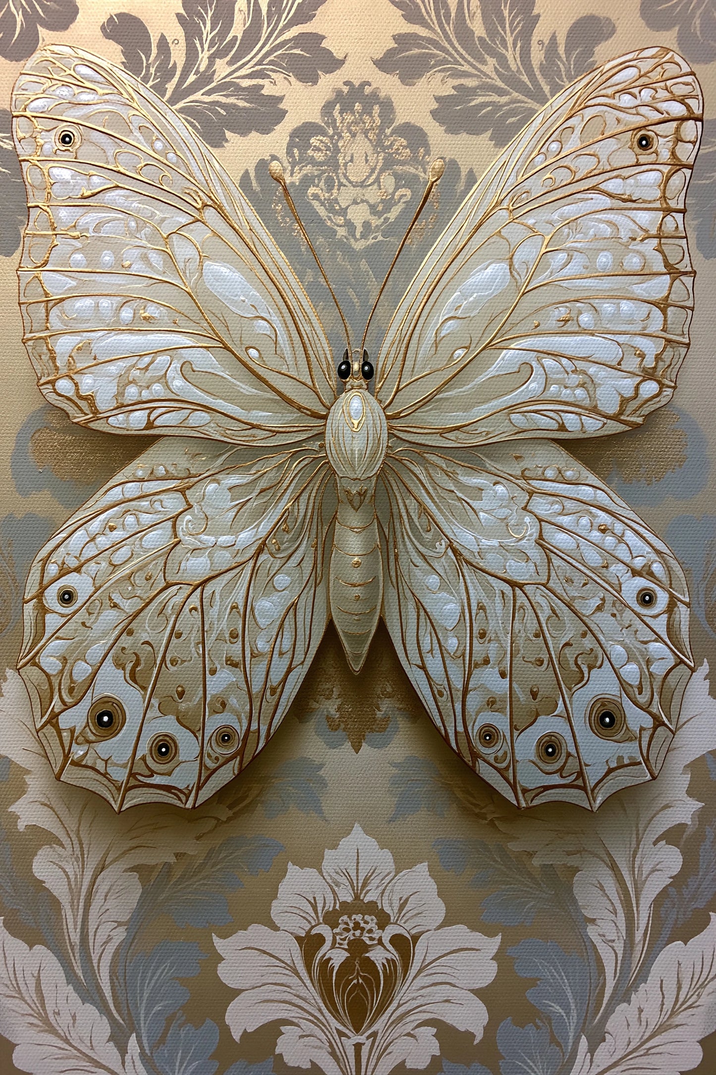 Tableau papillon ivoire et or avec effet relief décoratif - format S
