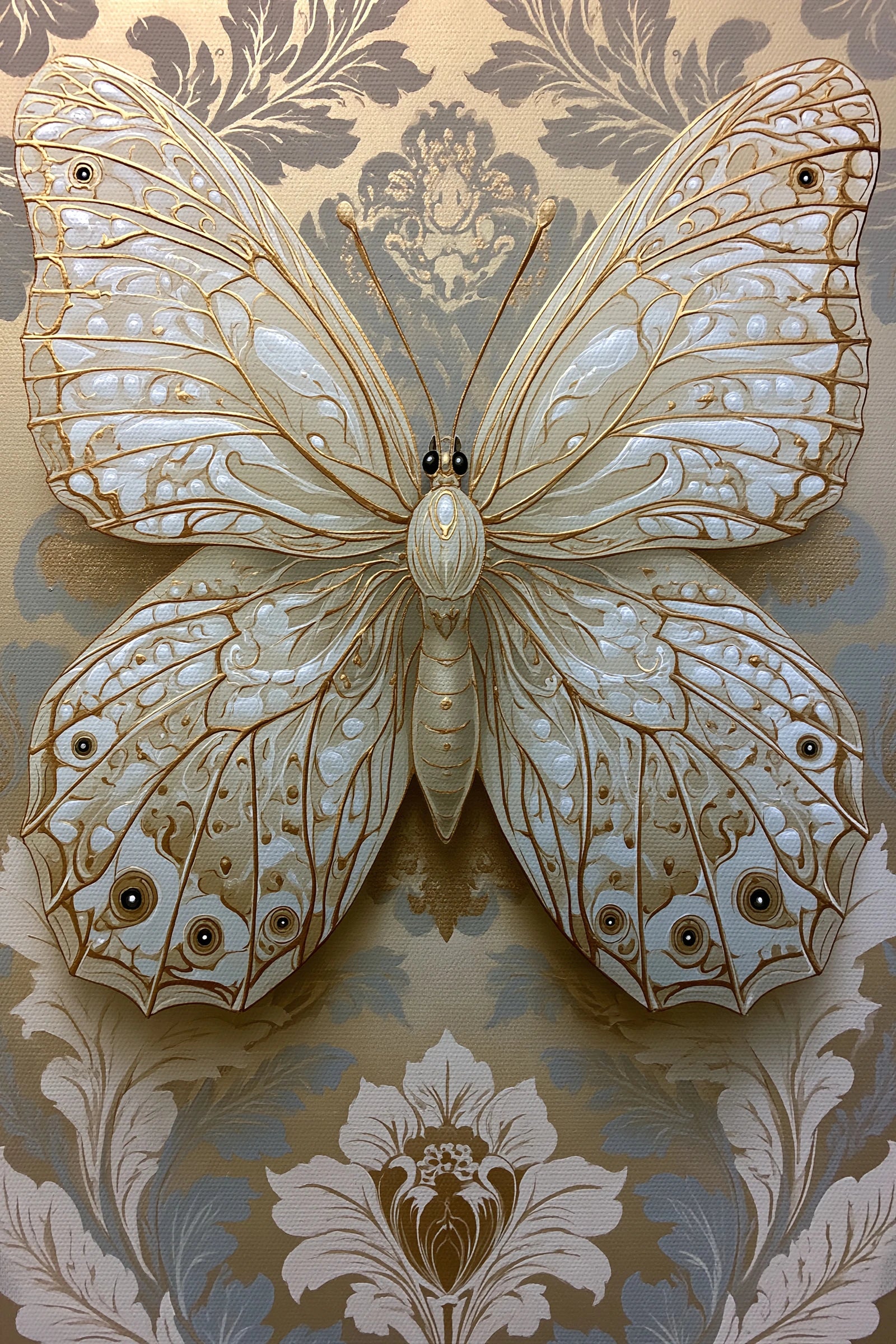 Tableau papillon ivoire et or avec effet relief décoratif - format S