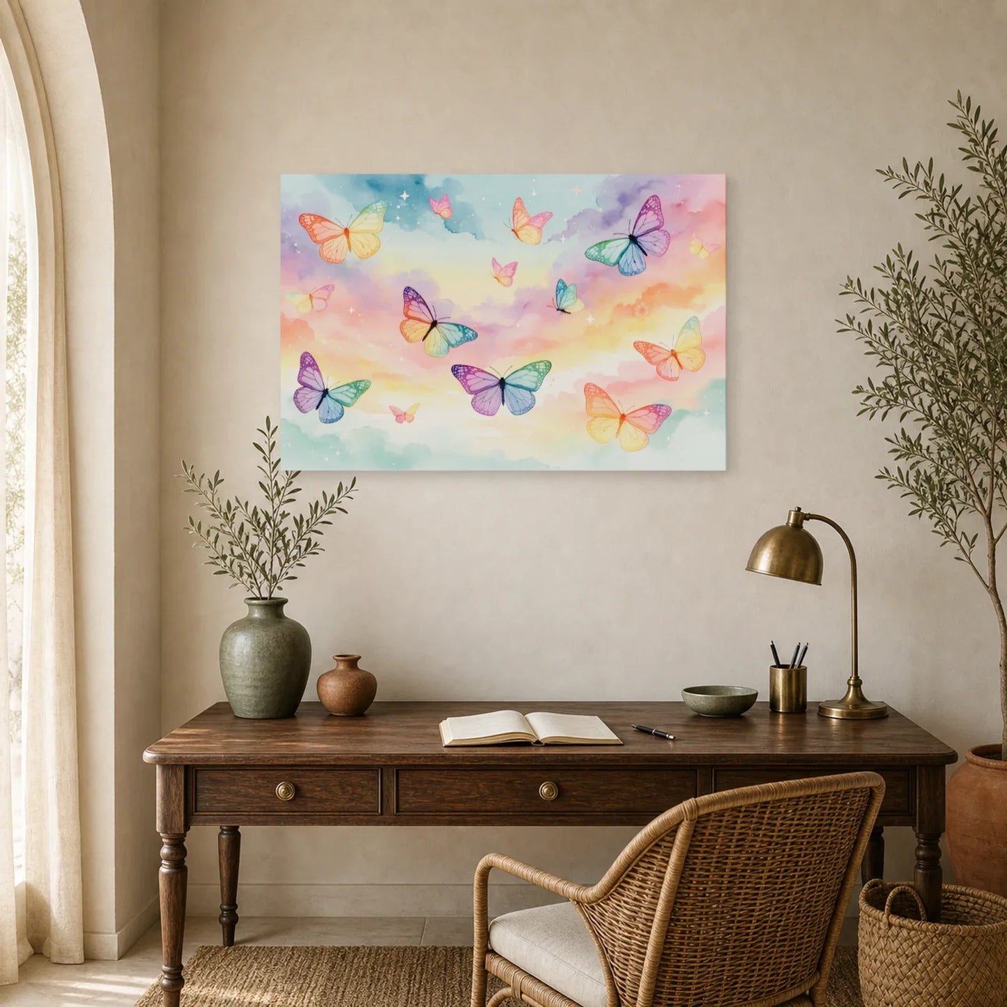 Tableau papillons pastel arc-en-ciel sur ciel doux dans un bureau élégant