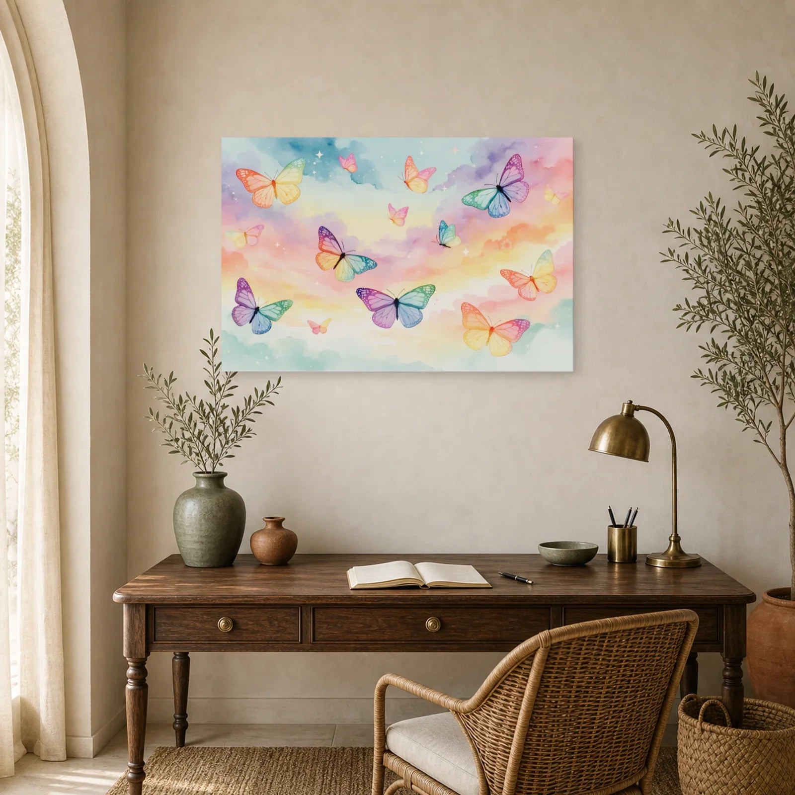 Tableau papillons pastel arc-en-ciel sur ciel doux dans un bureau élégant