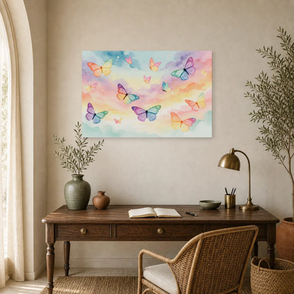 Tableau papillons pastel arc-en-ciel sur ciel doux dans un bureau élégant
