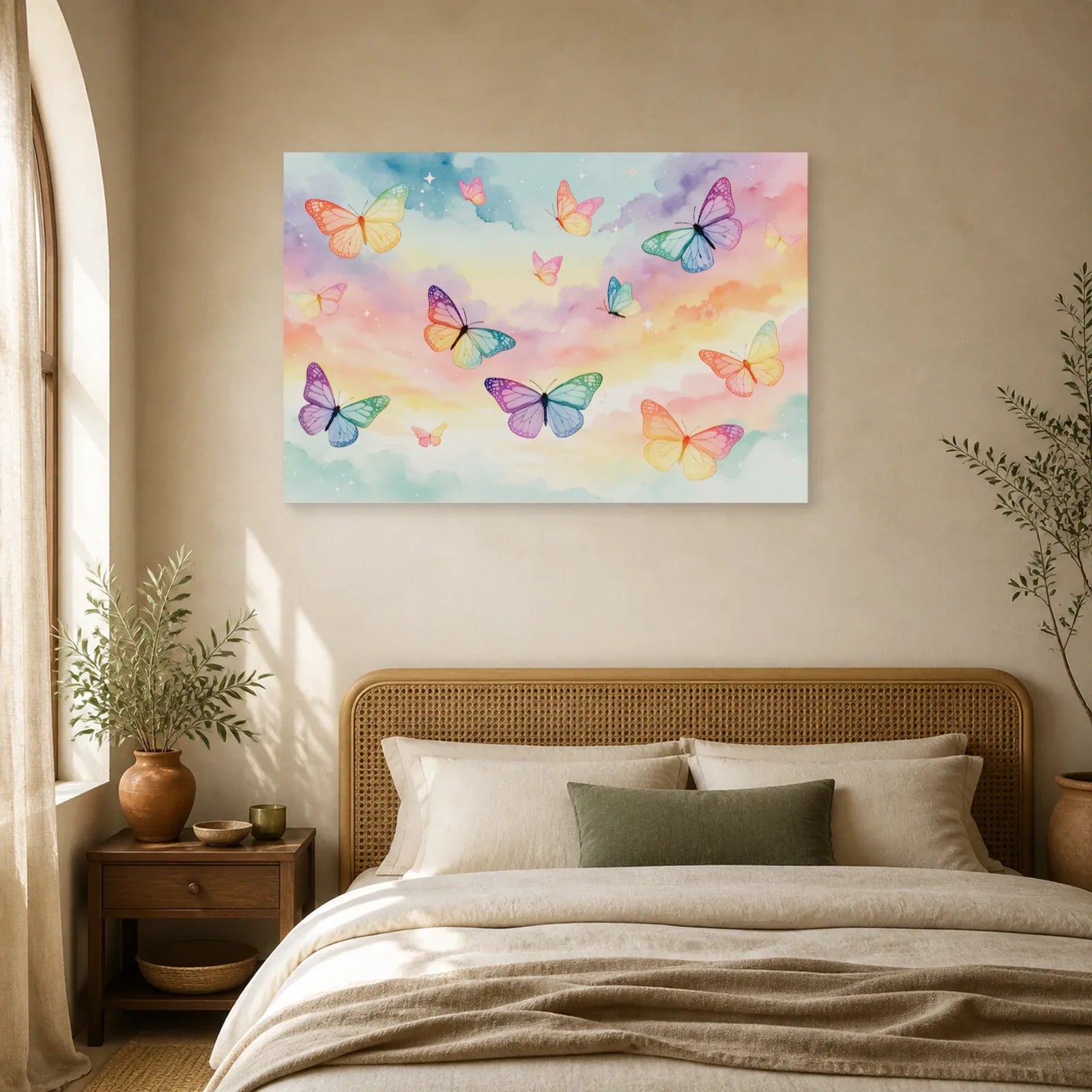 Tableau papillons pastel arc-en-ciel sur ciel doux dans une chambre apaisante