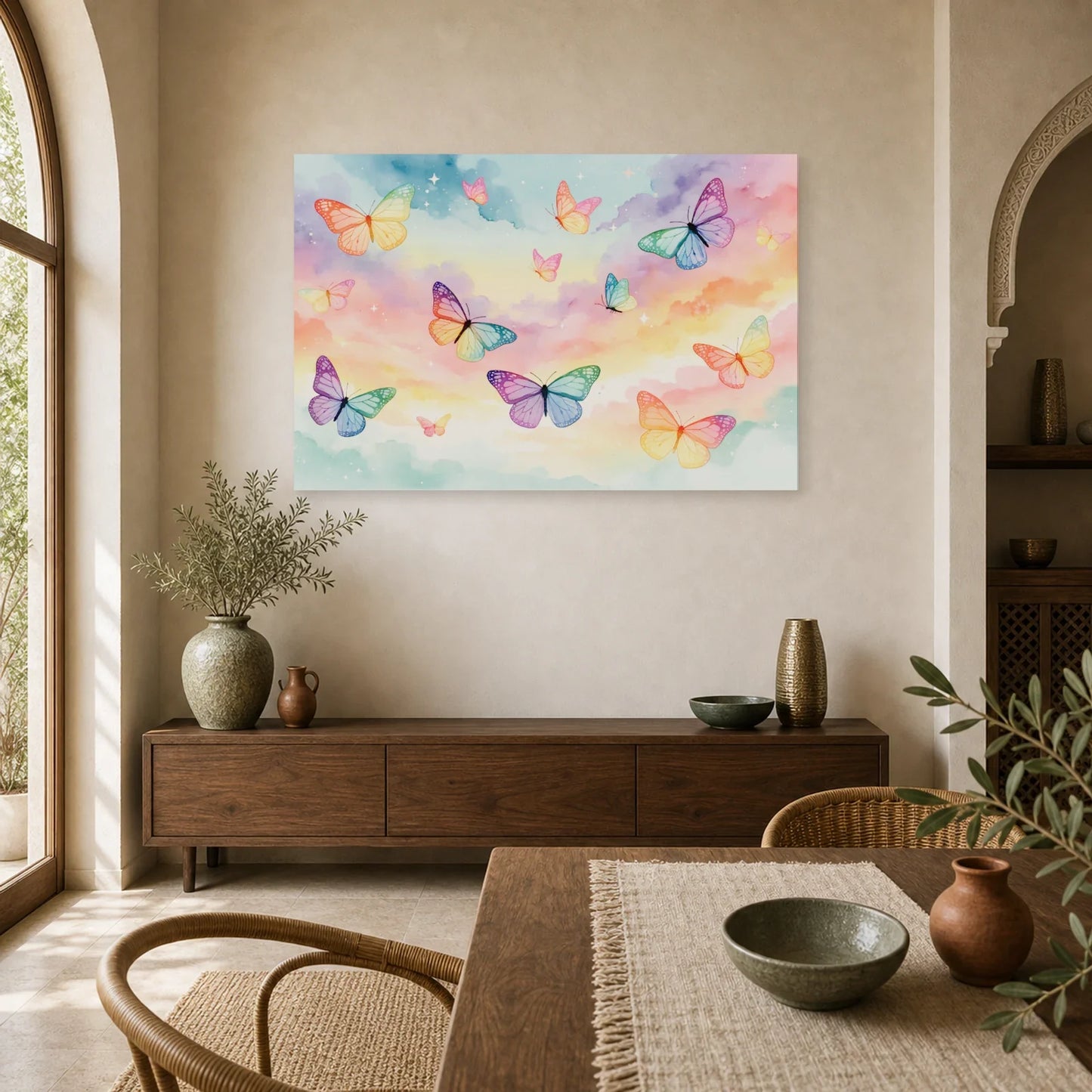 Tableau papillons pastel arc-en-ciel sur ciel doux dans une salle à manger lumineuse