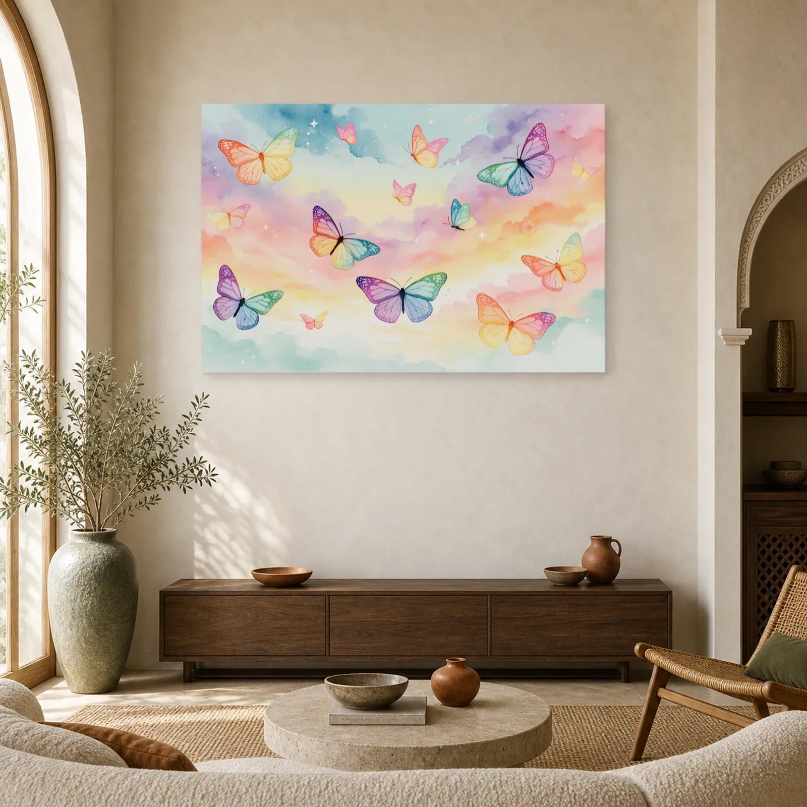 Tableau papillons pastel arc-en-ciel sur ciel doux dans un salon contemporain