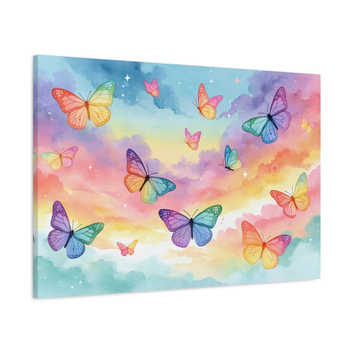 Tableau papillons pastel arc-en-ciel sur ciel doux - toile 3D avec bords imprimés visibles