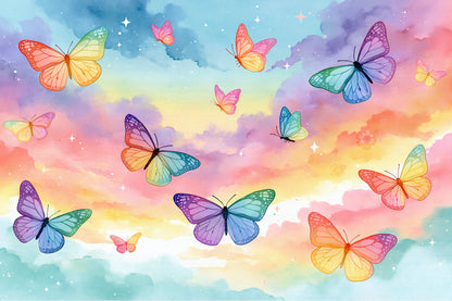 Tableau papillons pastel arc-en-ciel sur ciel doux - grand format XXL
