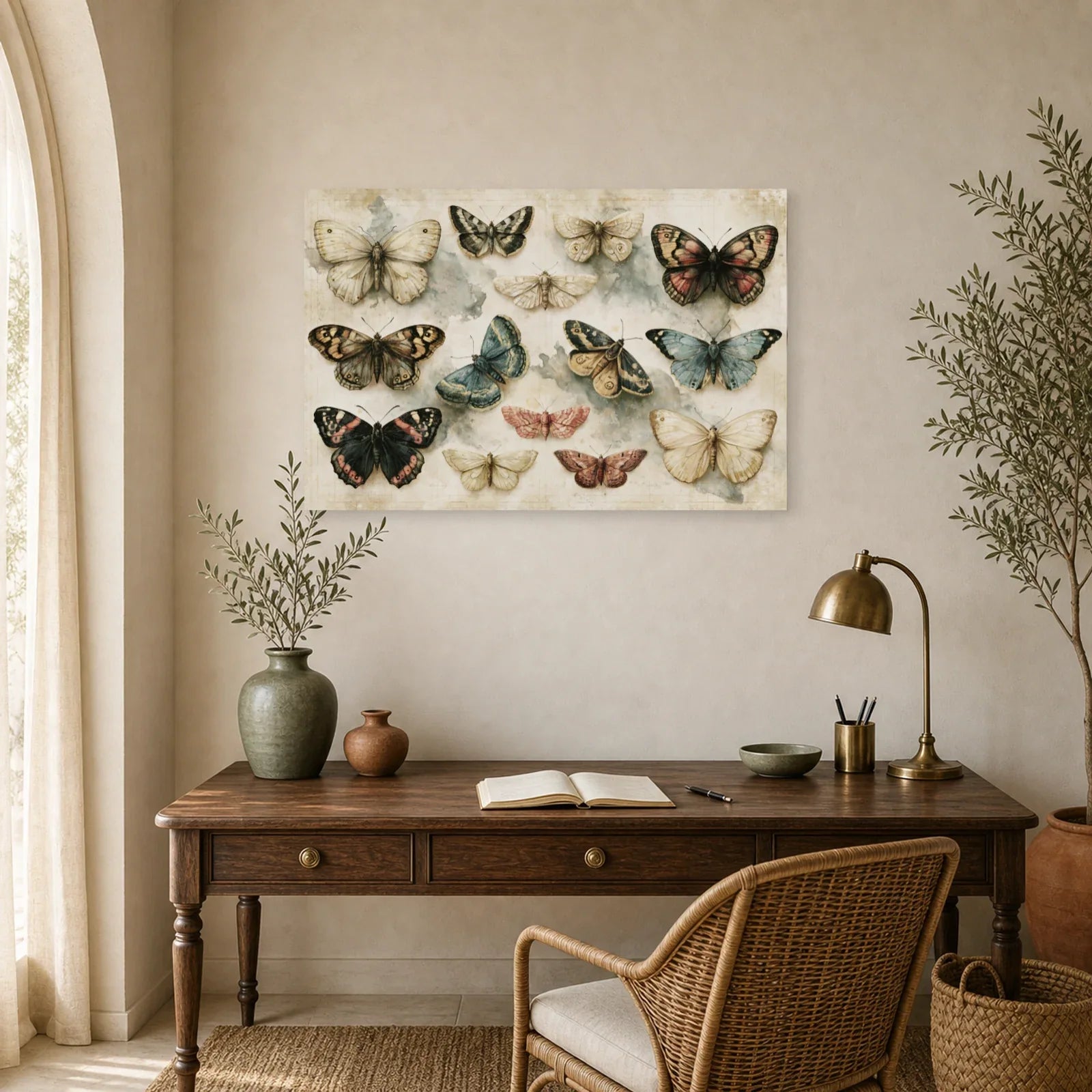 Tableau papillons naturalistes sur fond clair vintage dans un bureau élégant