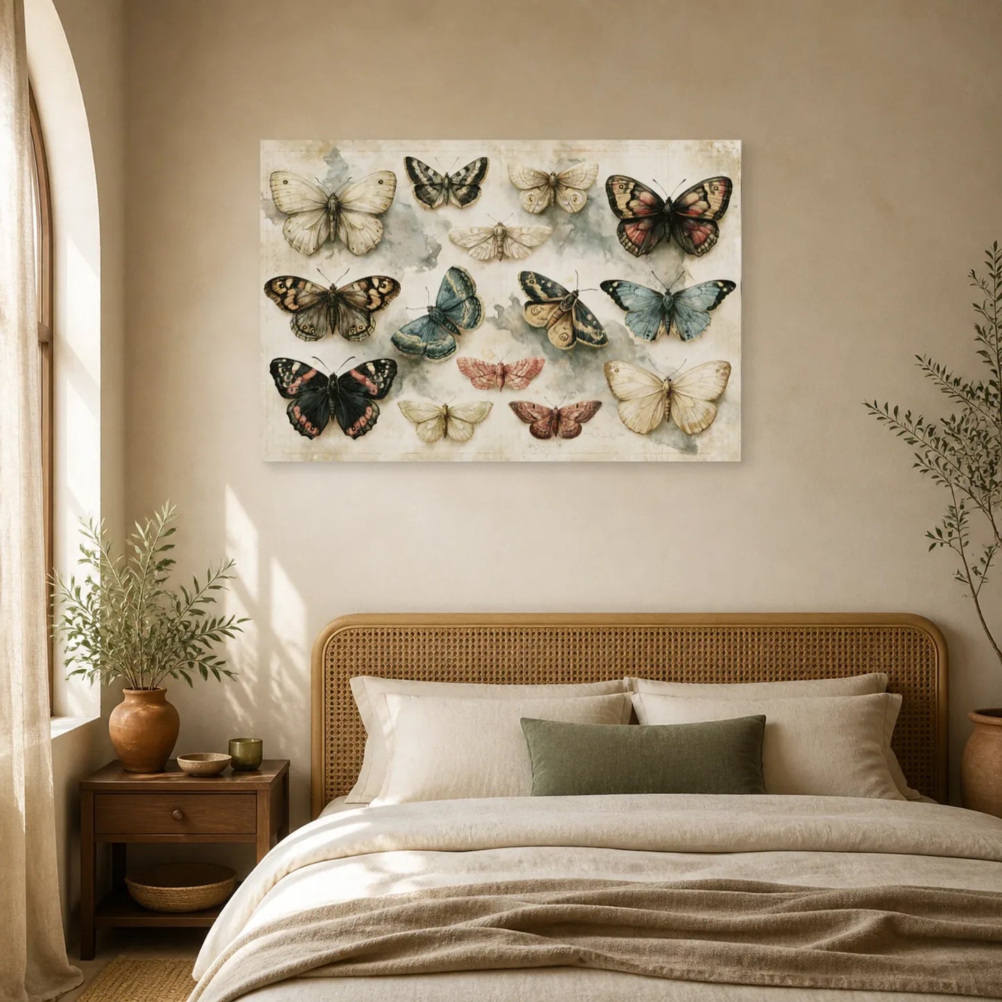 Tableau papillons naturalistes sur fond clair vintage dans une chambre apaisante