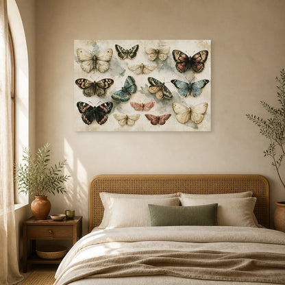 Tableau papillons naturalistes sur fond clair vintage dans une chambre apaisante