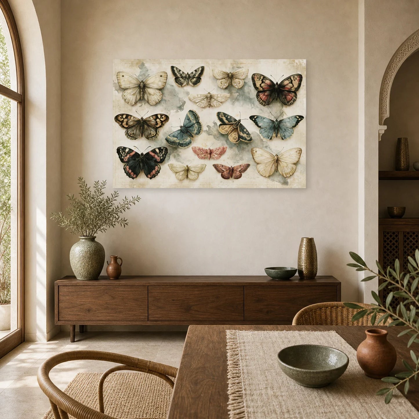 Tableau papillons naturalistes sur fond clair vintage dans une salle à manger lumineuse