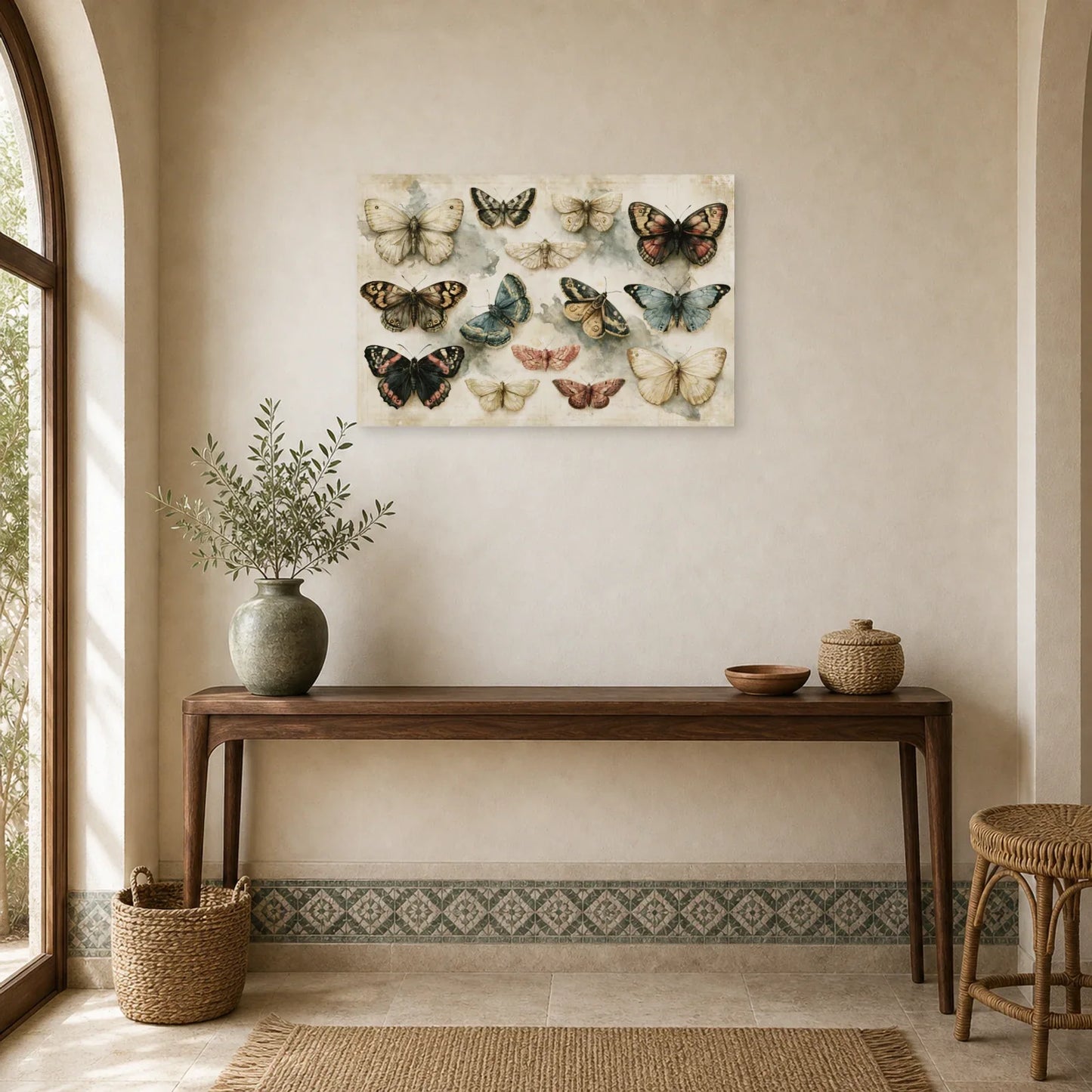 Tableau papillons naturalistes sur fond clair vintage dans une entrée ou un couloir décoré
