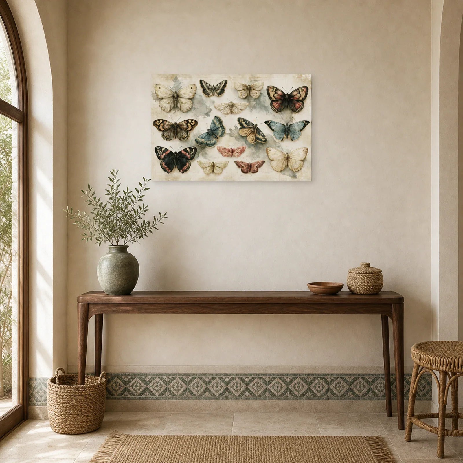 Tableau papillons naturalistes sur fond clair vintage dans une entrée ou un couloir décoré