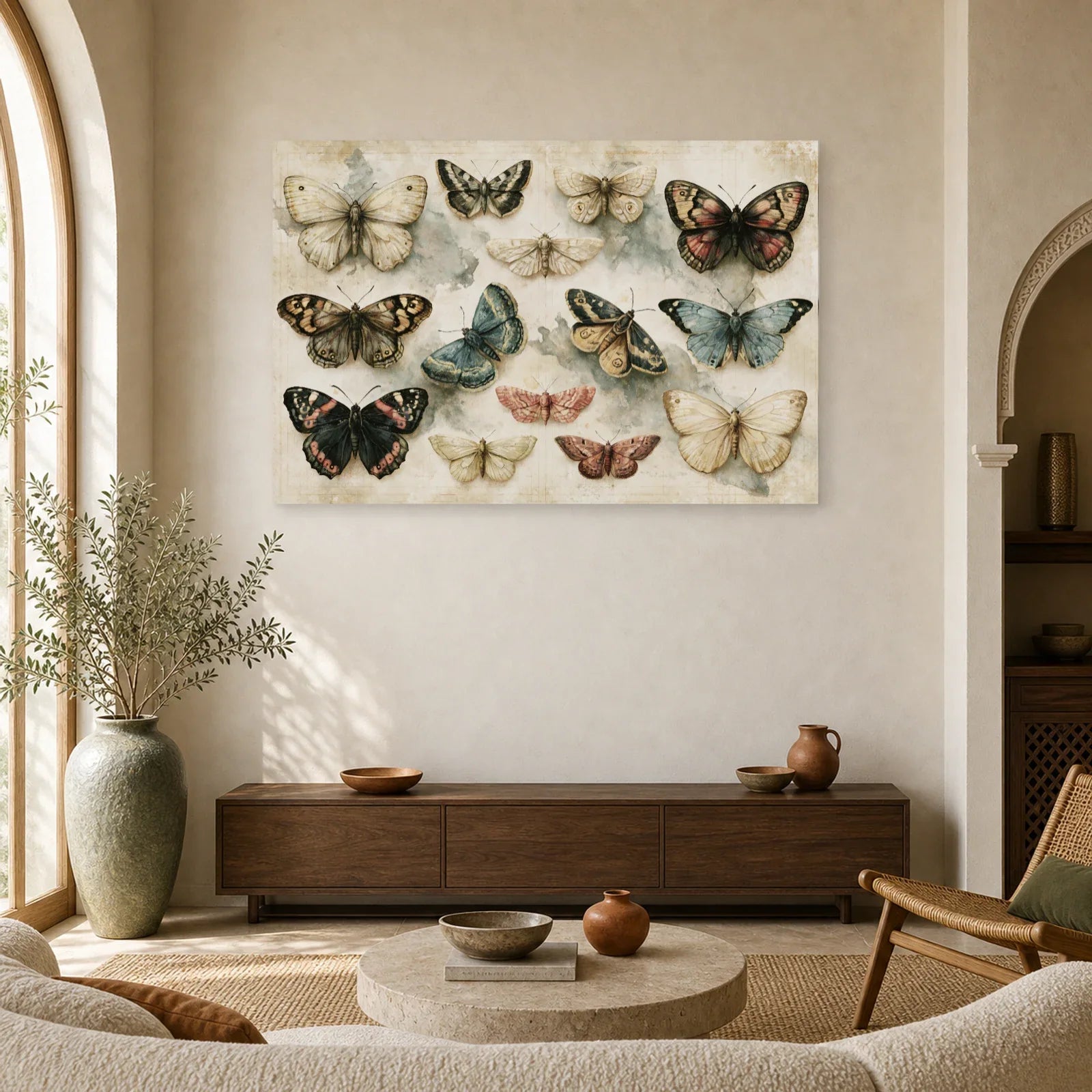 Tableau papillons naturalistes sur fond clair vintage dans un salon contemporain