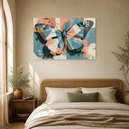 Tableau papillon mural abstrait bleu corail et crème dans une chambre apaisante