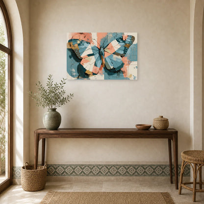 Tableau papillon mural abstrait bleu corail et crème dans une entrée ou un couloir décoré