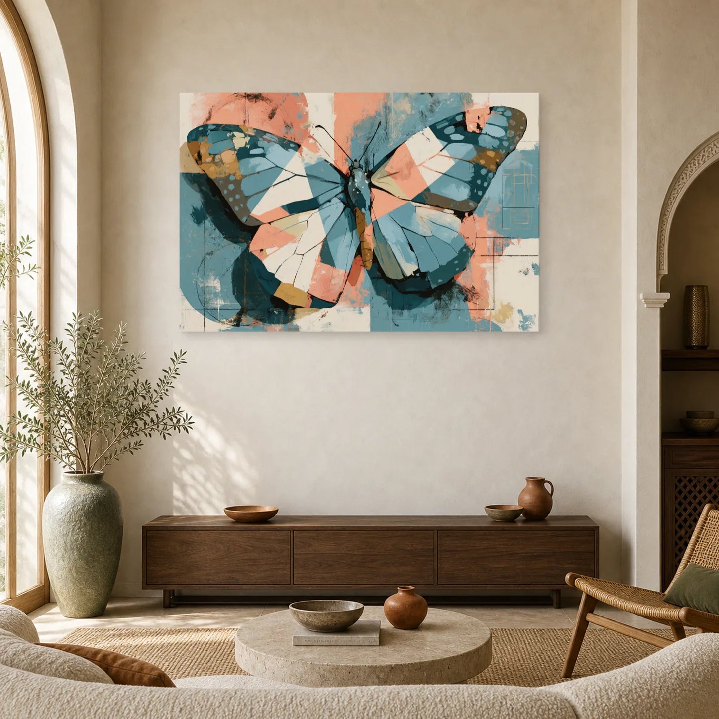 Tableau papillon mural abstrait bleu corail et crème dans un salon contemporain
