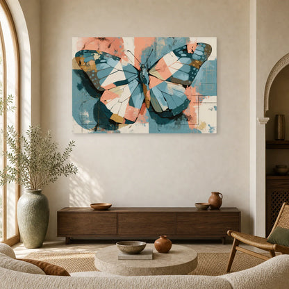 Tableau papillon mural abstrait bleu corail et crème dans un salon contemporain