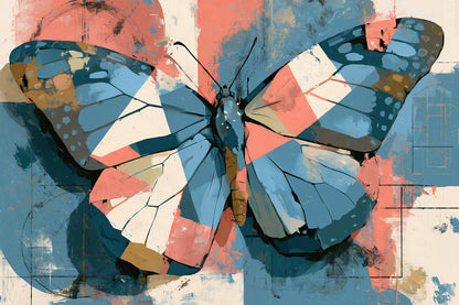 Tableau papillon mural abstrait bleu corail et crème - format S