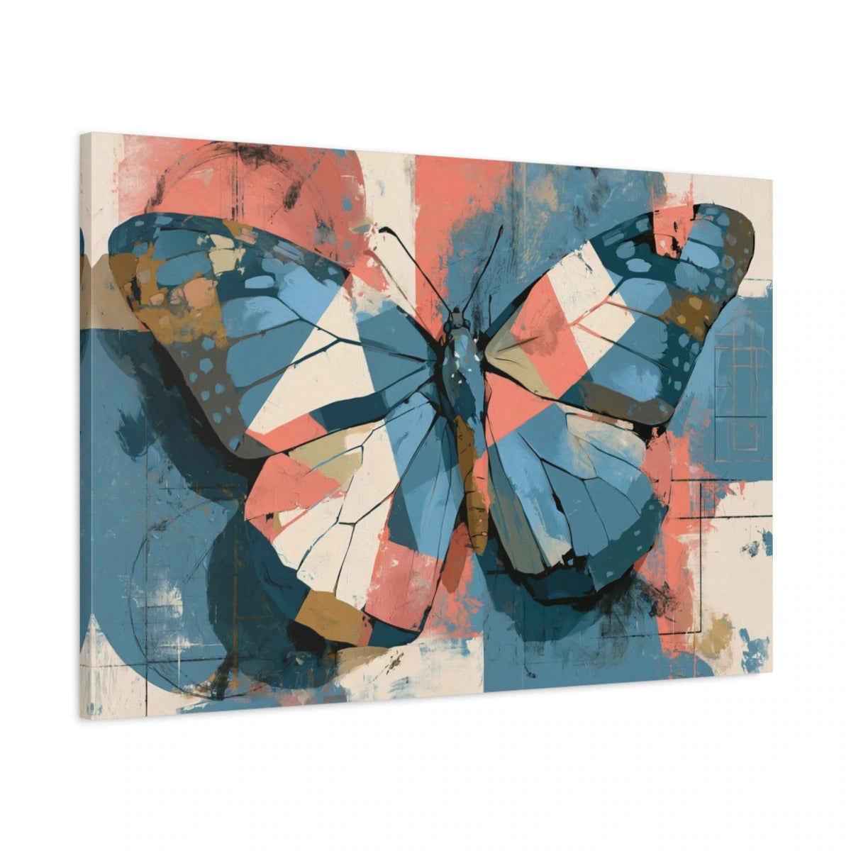 Tableau papillon mural abstrait bleu corail et crème - toile 3D avec bords imprimés visibles