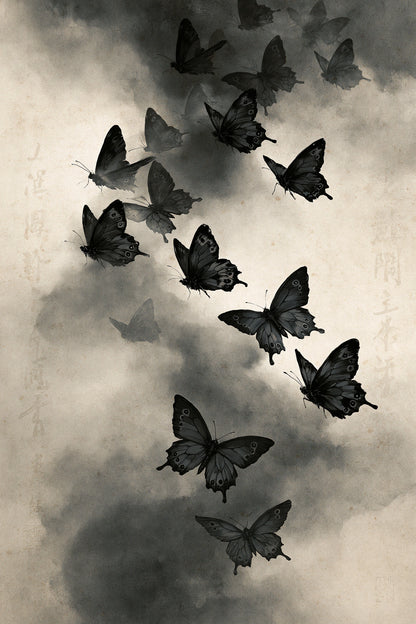 Tableau envol de papillons noirs et blancs dans la brume - format L