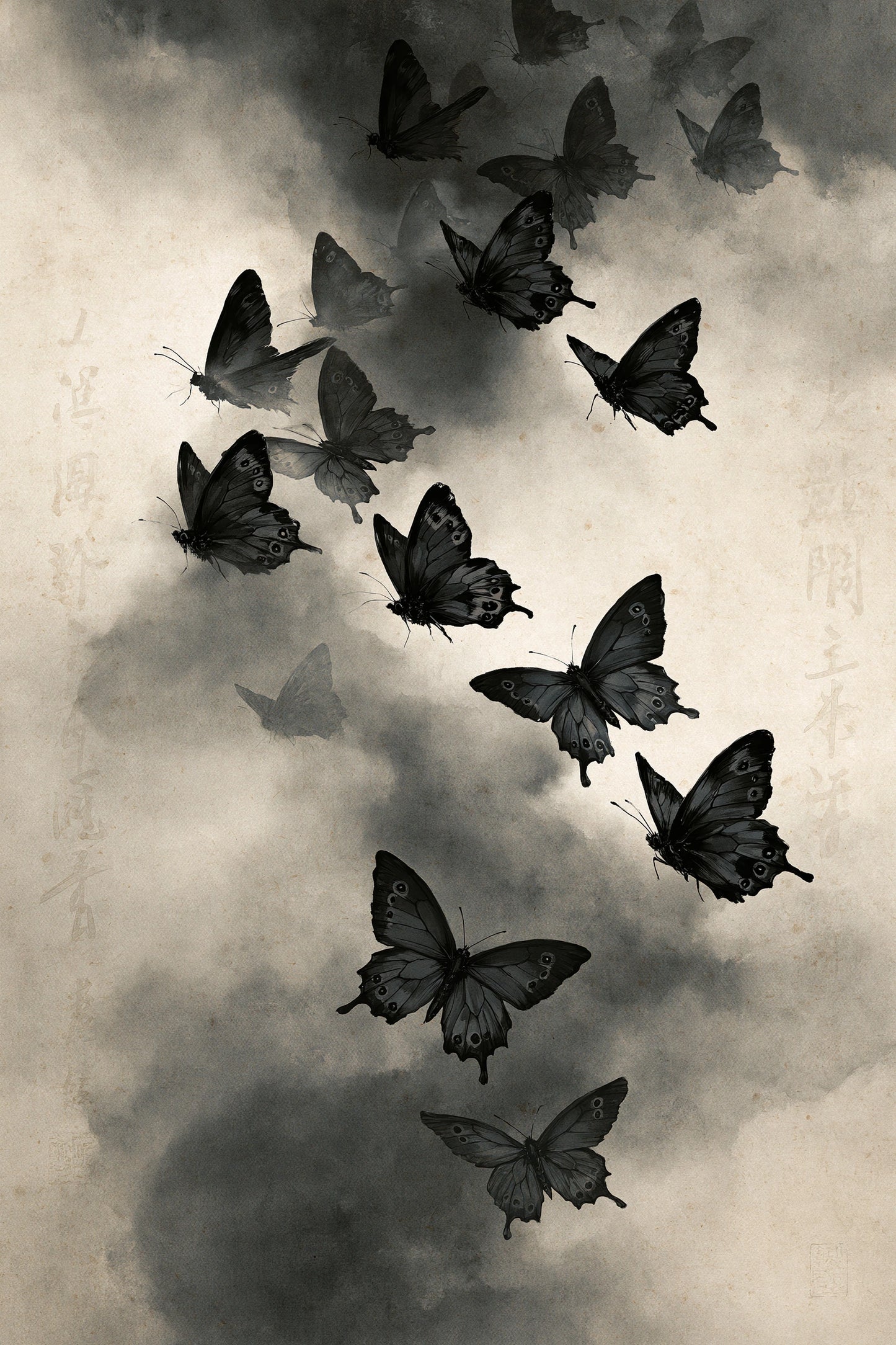 Tableau envol de papillons noirs et blancs dans la brume - format M