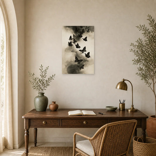Tableau envol de papillons noirs et blancs dans la brume dans un bureau élégant