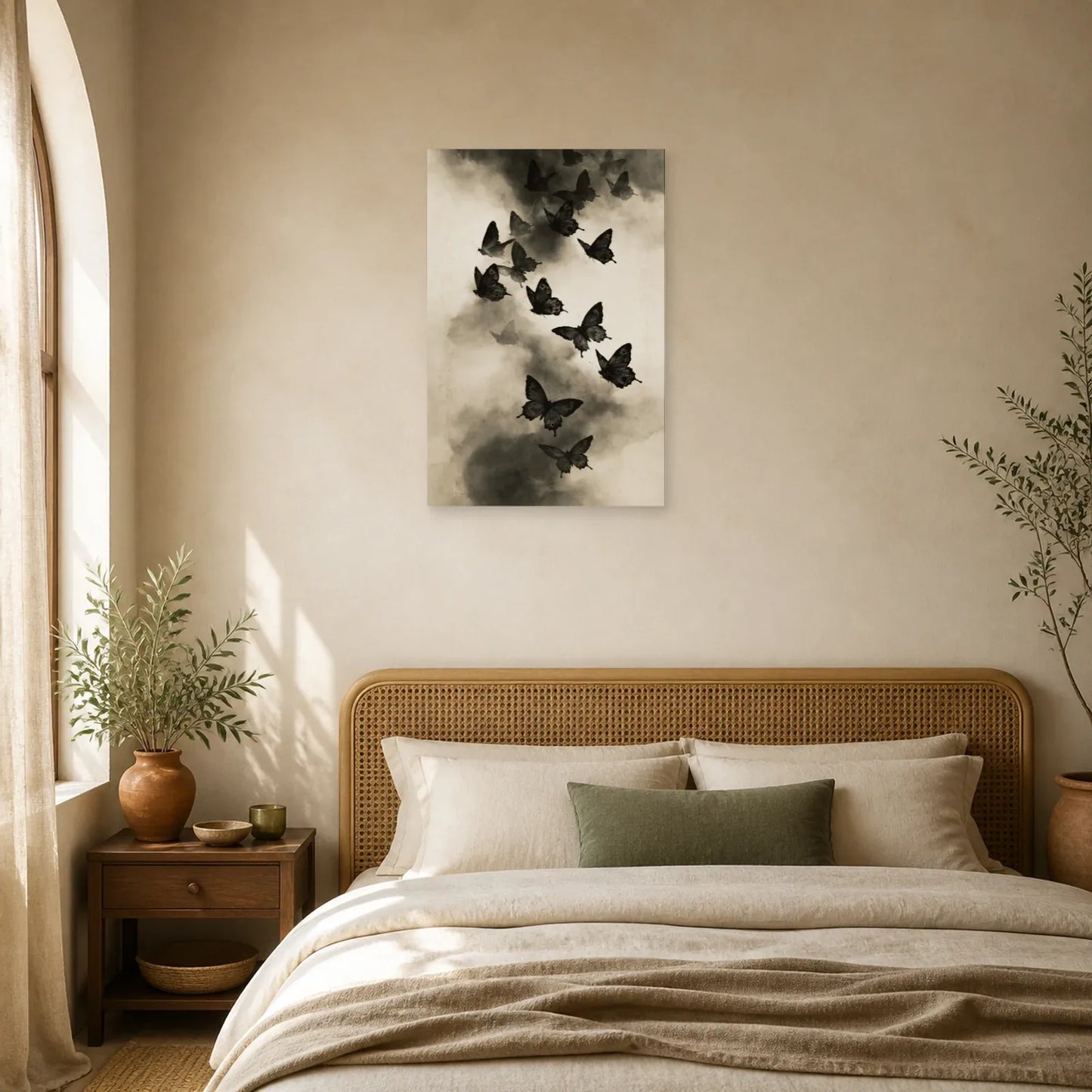 Tableau envol de papillons noirs et blancs dans la brume dans une chambre apaisante