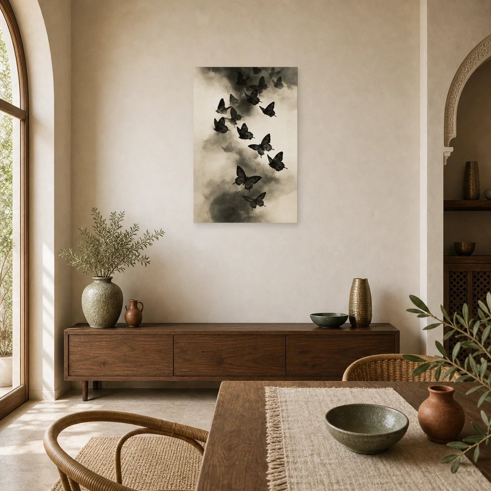 Tableau envol de papillons noirs et blancs dans la brume dans une salle à manger lumineuse