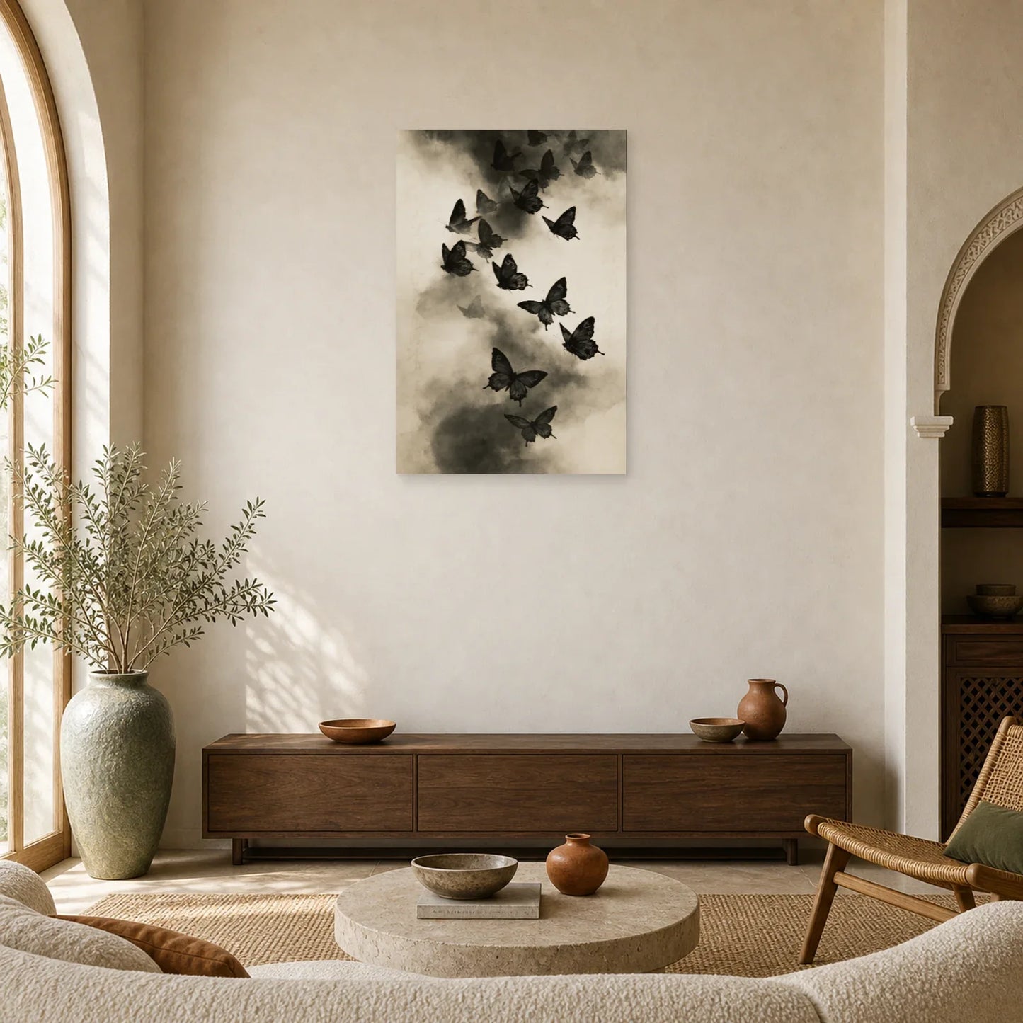 Tableau envol de papillons noirs et blancs dans la brume dans un salon contemporain