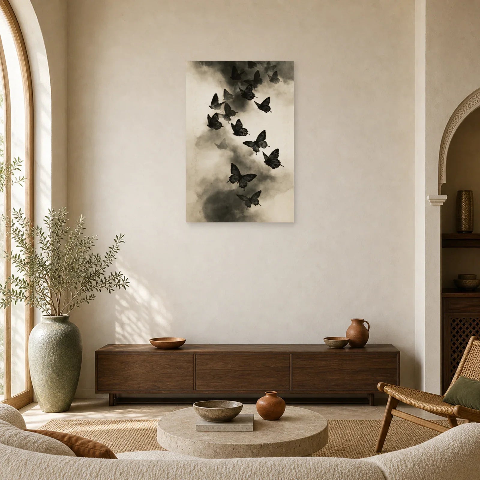 Tableau envol de papillons noirs et blancs dans la brume dans un salon contemporain