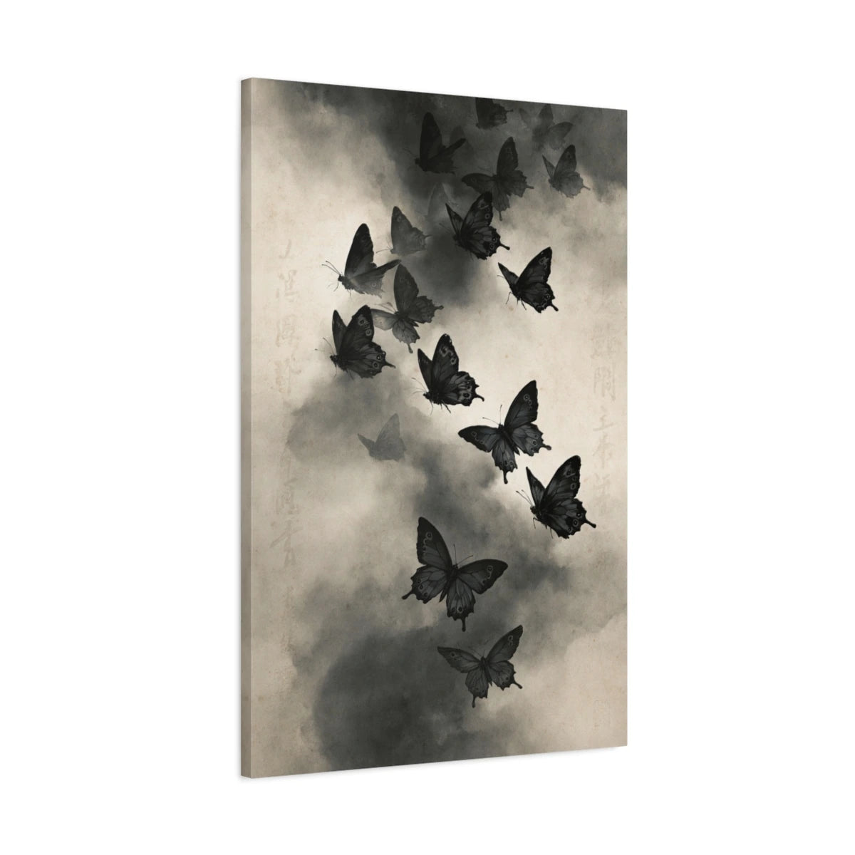 Tableau envol de papillons noirs et blancs dans la brume - toile 3D avec bords imprimés visibles