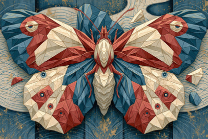 Tableau papillon origami japonais rouge bleu et crème - format M