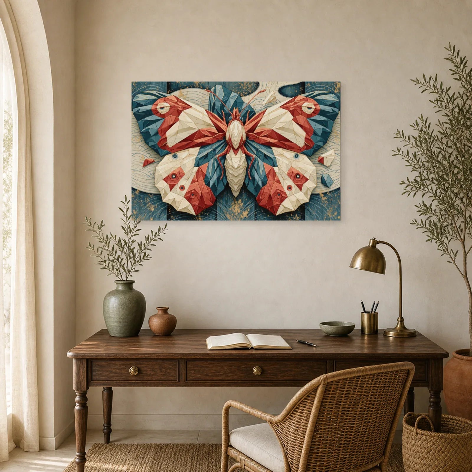 Tableau papillon origami japonais rouge bleu et crème dans un bureau élégant