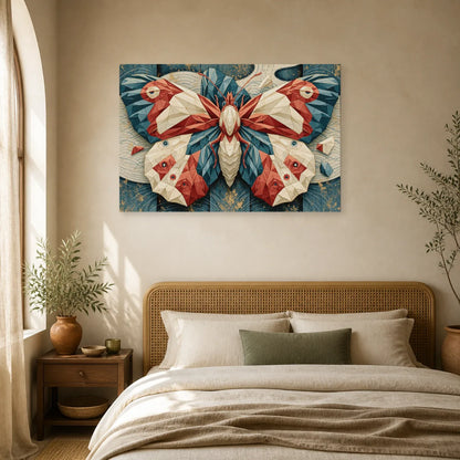 Tableau papillon origami japonais rouge bleu et crème dans une chambre apaisante