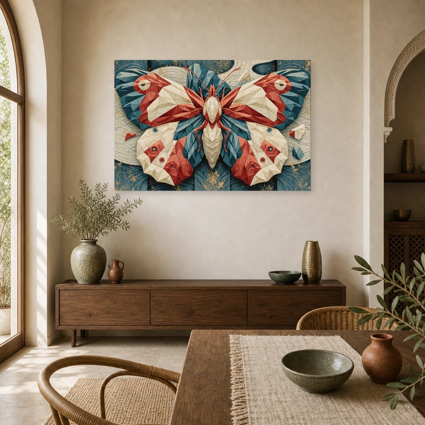 Tableau papillon origami japonais rouge bleu et crème dans une salle à manger lumineuse