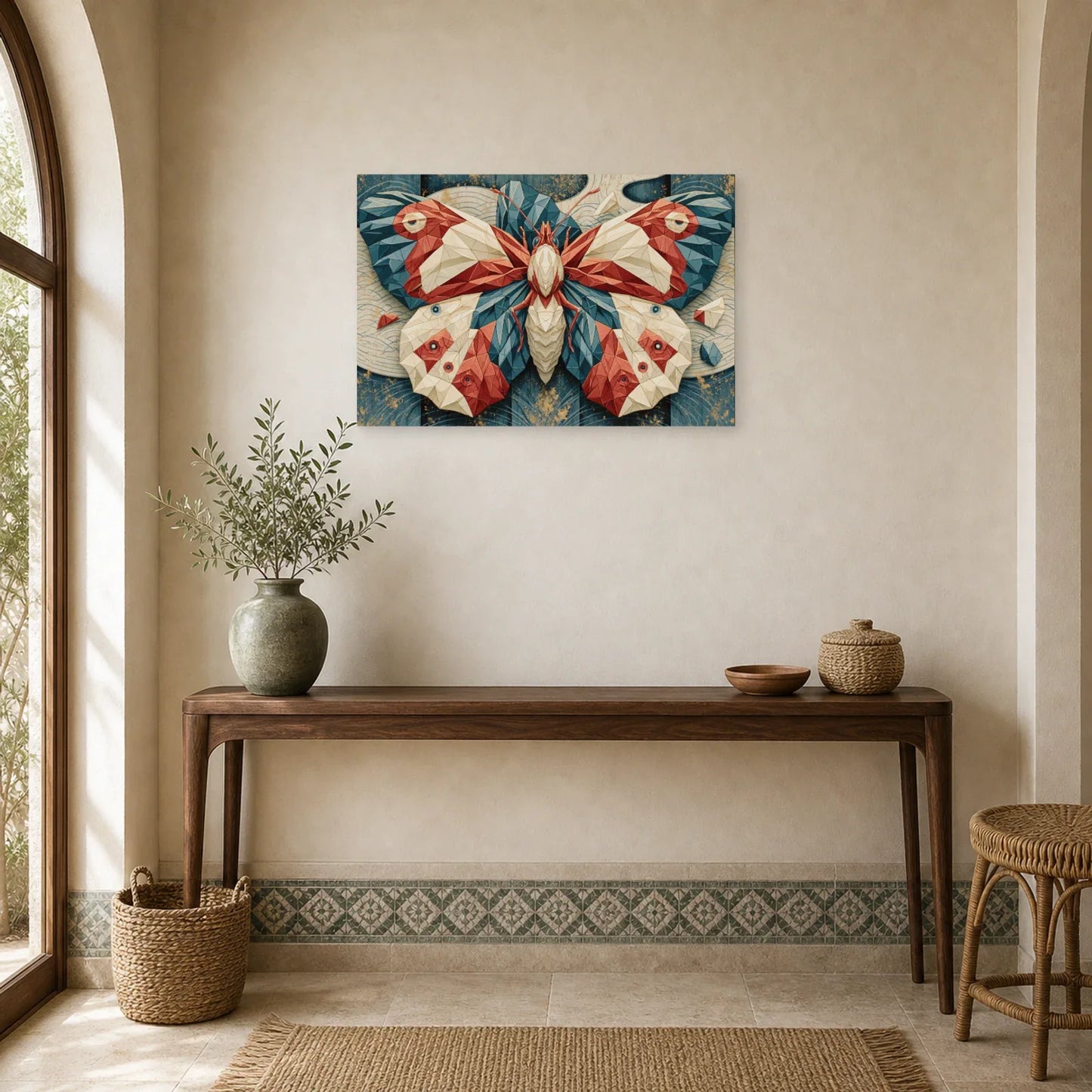 Tableau papillon origami japonais rouge bleu et crème dans une entrée ou un couloir décoré
