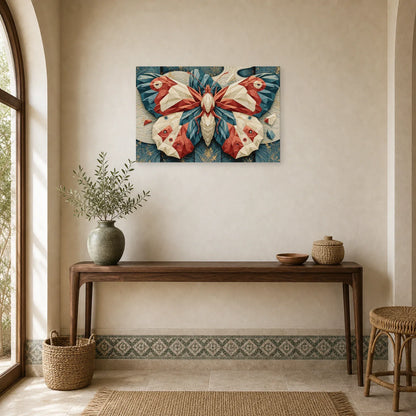 Tableau papillon origami japonais rouge bleu et crème dans une entrée ou un couloir décoré