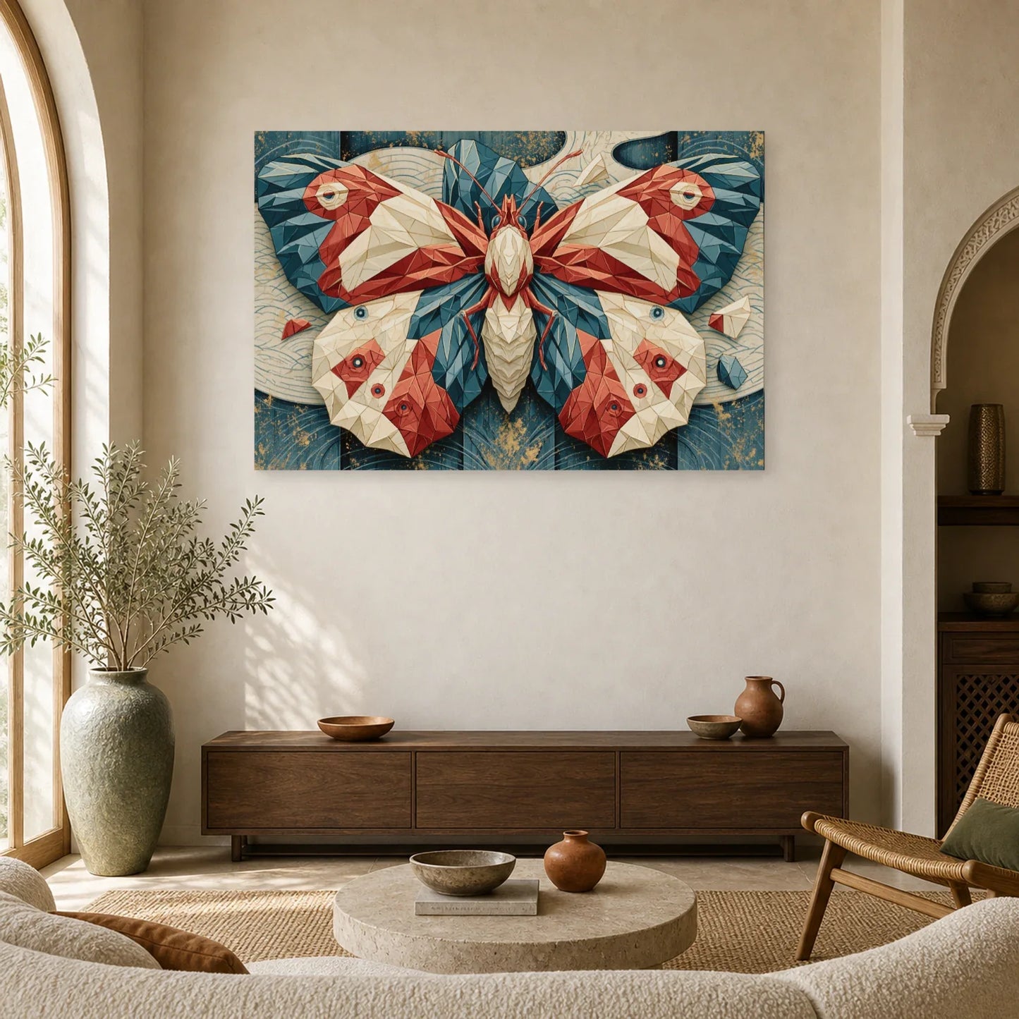 Tableau papillon origami japonais rouge bleu et crème dans un salon contemporain