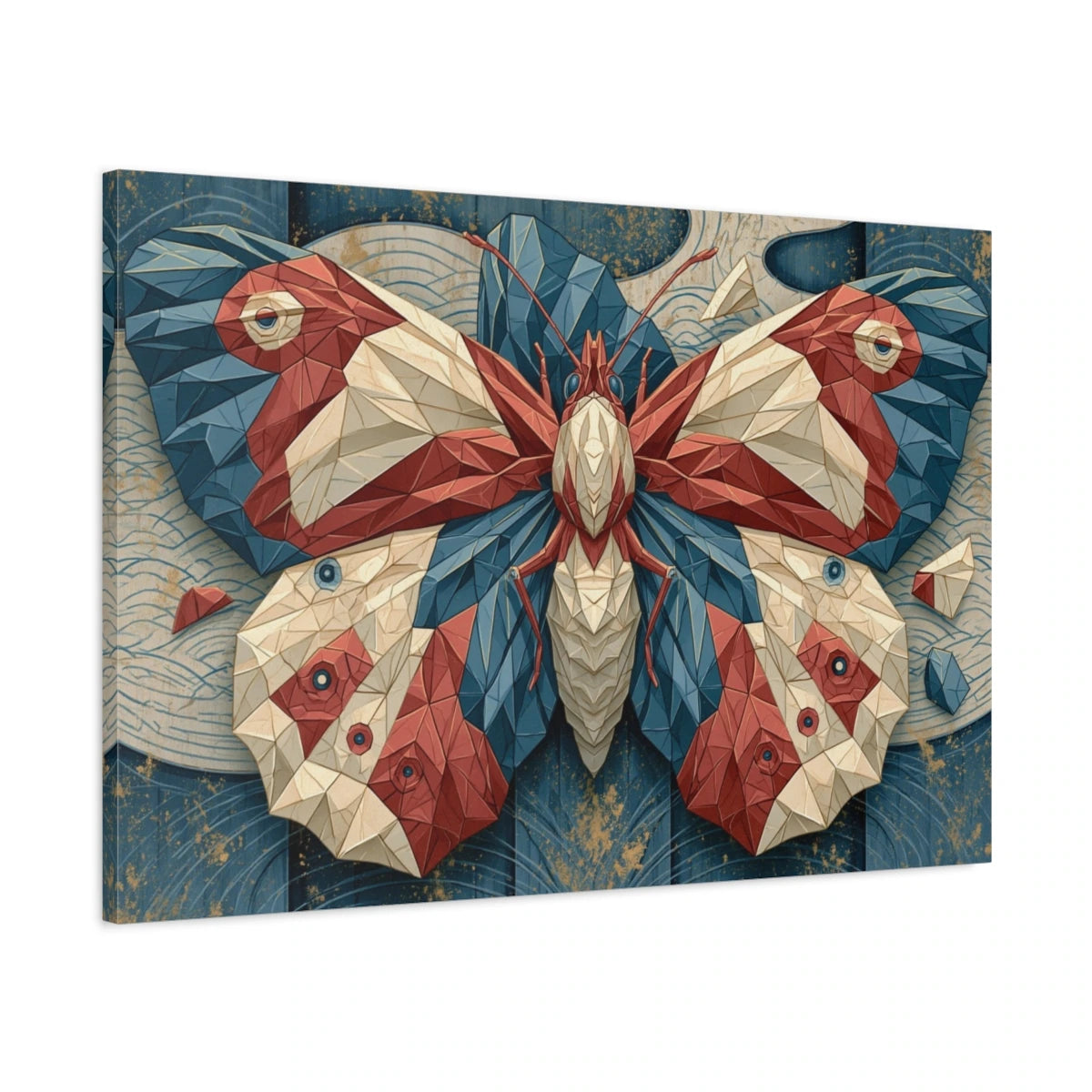 Tableau papillon origami japonais rouge bleu et crème - toile 3D avec bords imprimés visibles