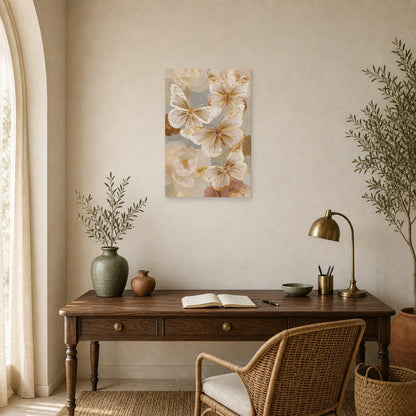 Tableau papillons blancs effet papier découpé avec fleurs dans un bureau élégant