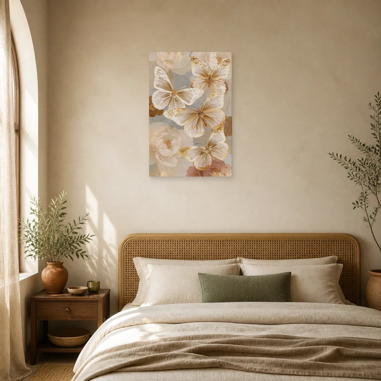 Tableau papillons blancs effet papier découpé avec fleurs dans une chambre apaisante