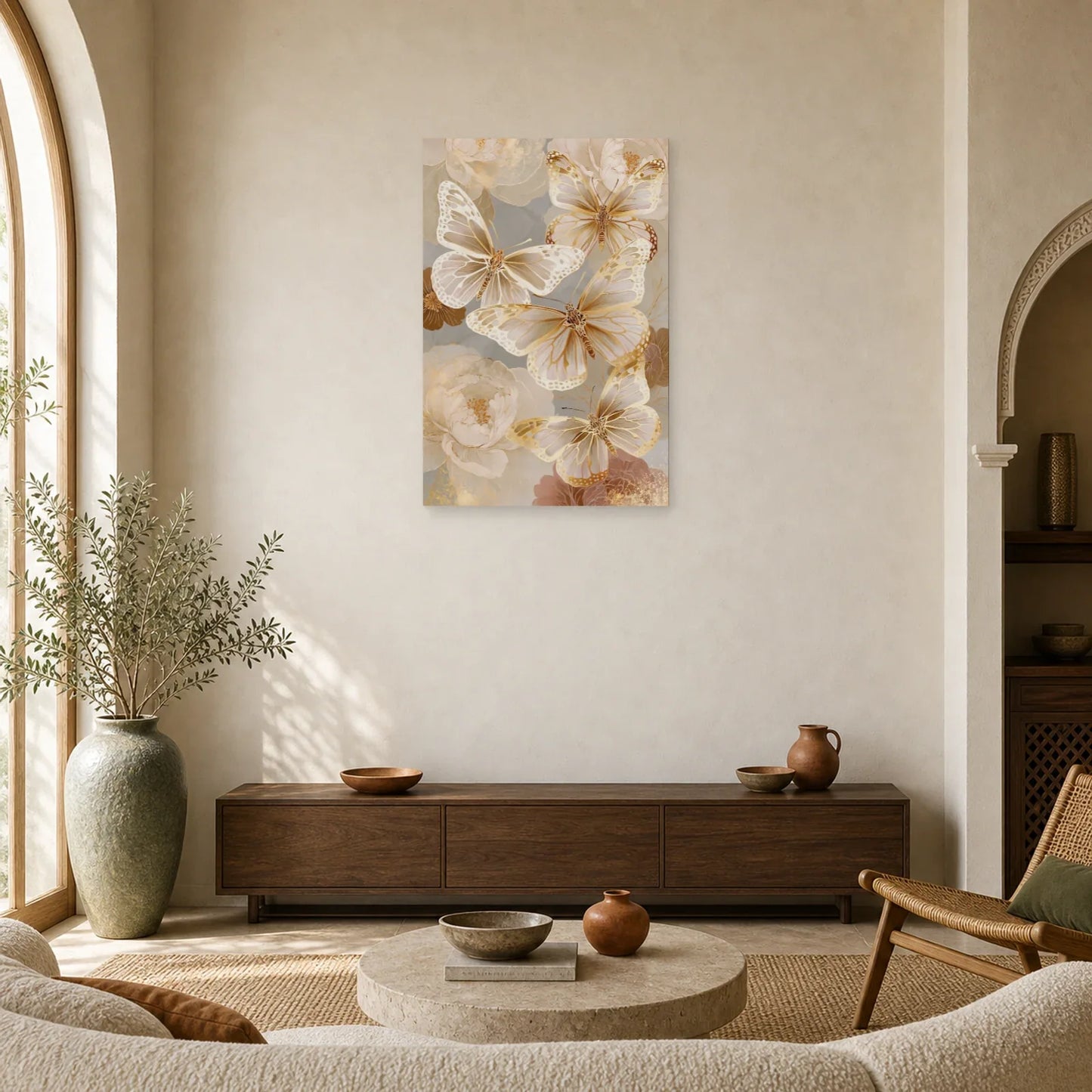 Tableau papillons blancs effet papier découpé avec fleurs dans un salon contemporain