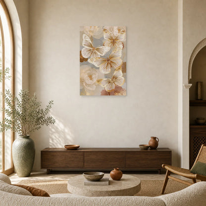 Tableau papillons blancs effet papier découpé avec fleurs dans un salon contemporain