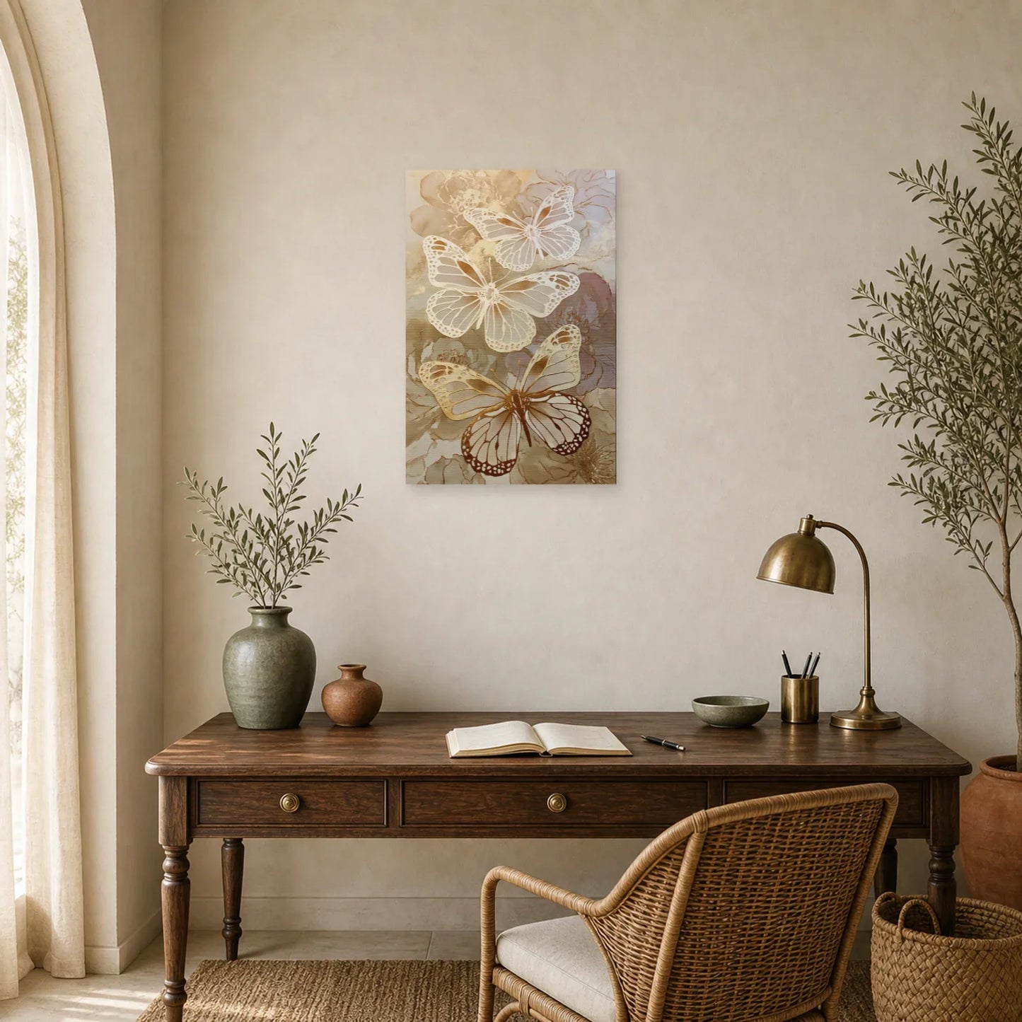 Tableau papillons blancs et dorés effet papier découpé dans un bureau élégant