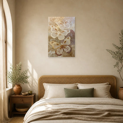 Tableau papillons blancs et dorés effet papier découpé dans une chambre apaisante