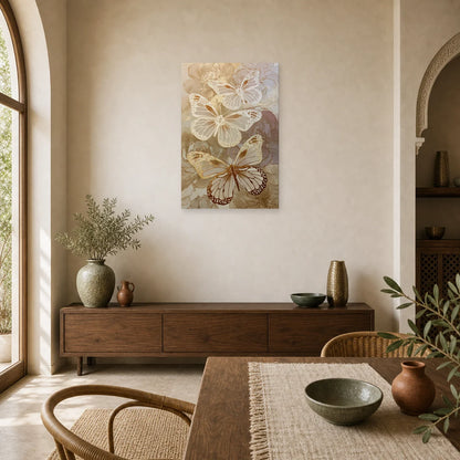 Tableau papillons blancs et dorés effet papier découpé dans une salle à manger lumineuse
