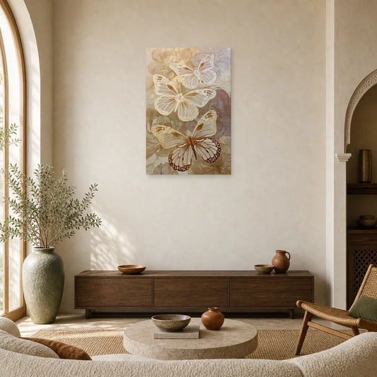 Tableau papillons blancs et dorés effet papier découpé dans un salon contemporain